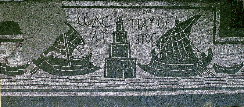Floor mosaic depicting two ships, a lighthouse and the greek inscription  "Ode Pausilypos" (=this is the place where worry ends)